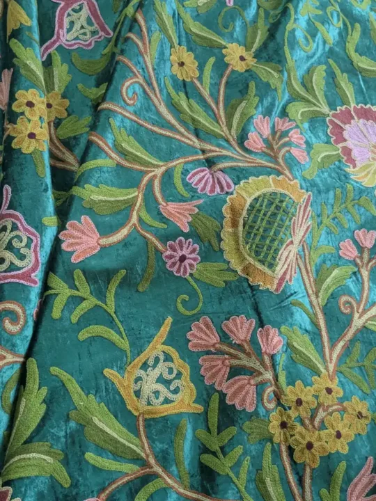 Kashmiri Green Velvet Curtain Noorbagh With Crewel Embroidery