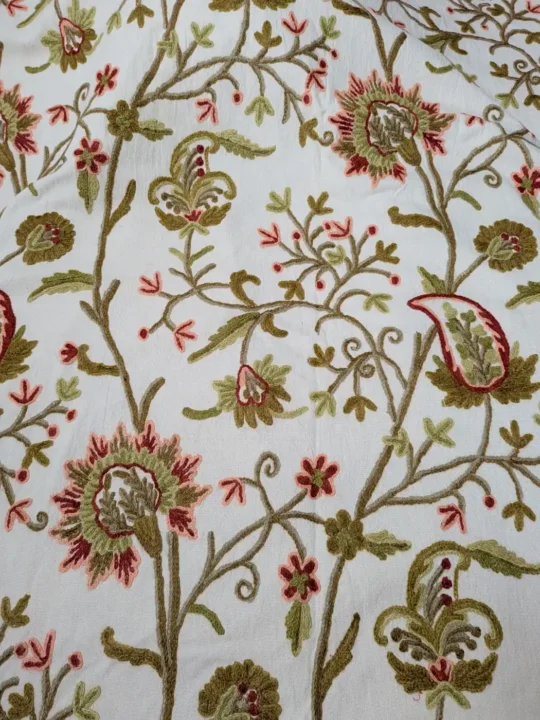 Handmade Kashmiri Crewel Fabric | Wool Embroidery on Cotton | Perfect for Curtains, Chairs, Sofas & Home Decor
