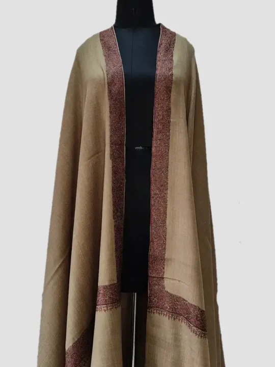 Men’s Wool Hashidar Kashmiri Dark Beige Shawl with Hand Sozni Elegance