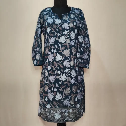 Teal Blue Kashmiri Aari Embroidered Long Kurta in Georgette