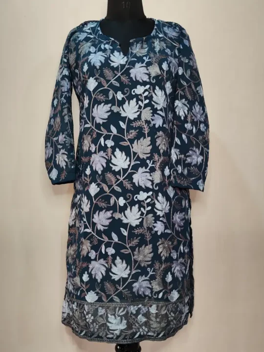 Teal Blue Kashmiri Aari Embroidered Long Kurta in Georgette