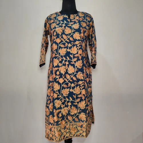 Peacock Blue Kashmiri Aari Work - Gulnaaz Long Kurti in Georgette
