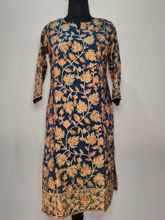 Peacock Blue Kashmiri Aari Work - Gulnaaz Long Kurti in Georgette