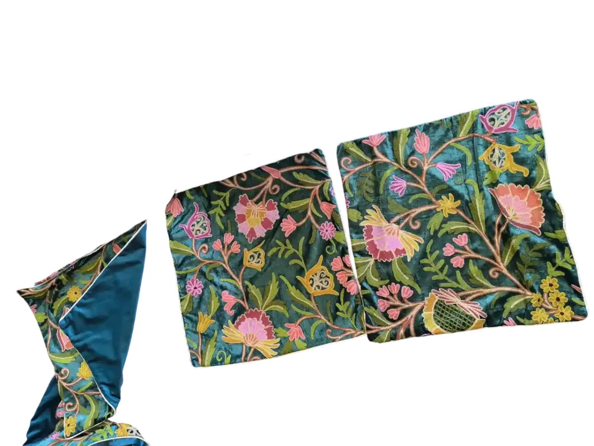 Green Velvet Cushion Cover With Crewel Embroidery from Kashmir - Image 2