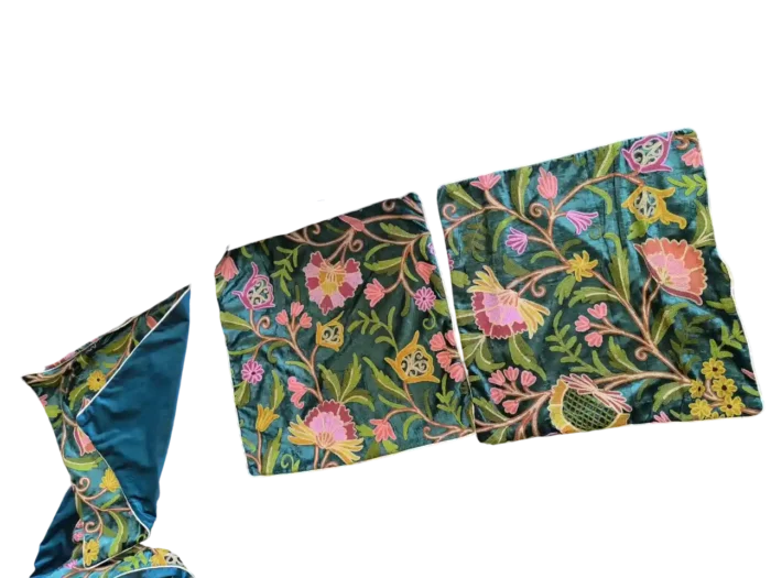 Green Velvet Cushion Cover With Crewel Embroidery from Kashmir - Image 2