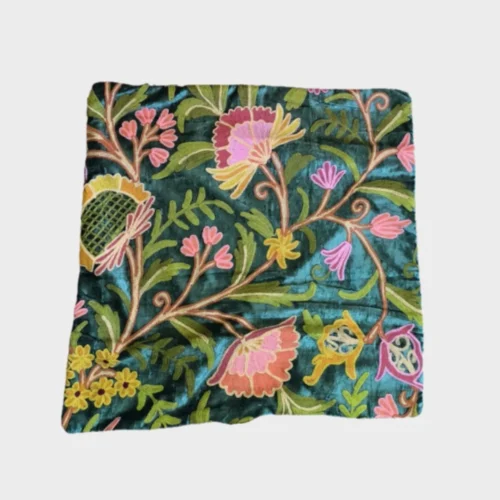 Green Velvet Cushion Cover With Crewel Embroidery from Kashmir