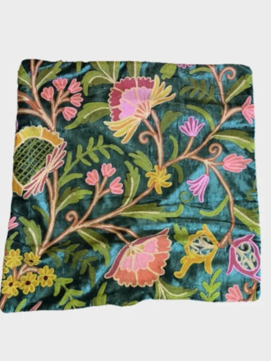 Green Velvet Cushion Cover With Crewel Embroidery from Kashmir