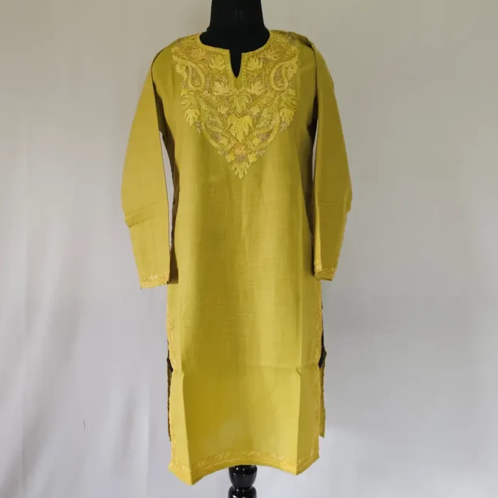 Kashmiri Aari Embroidered Nazneen Long Mehndi Green Cotton Kurti - Image 2