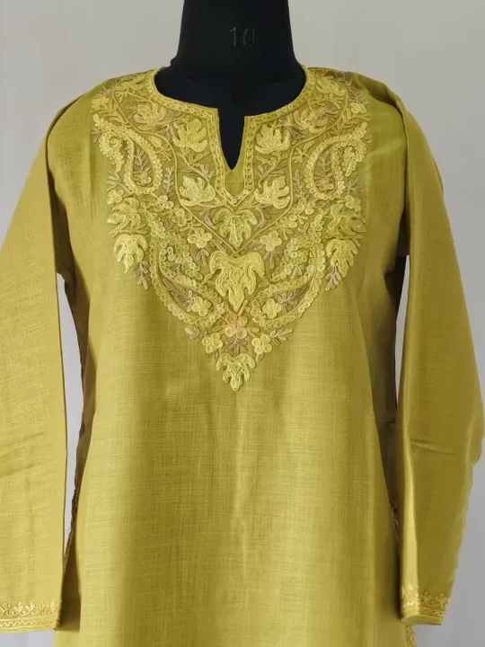 kashmiri ruby cotton aari embroidered mehndi green kurti