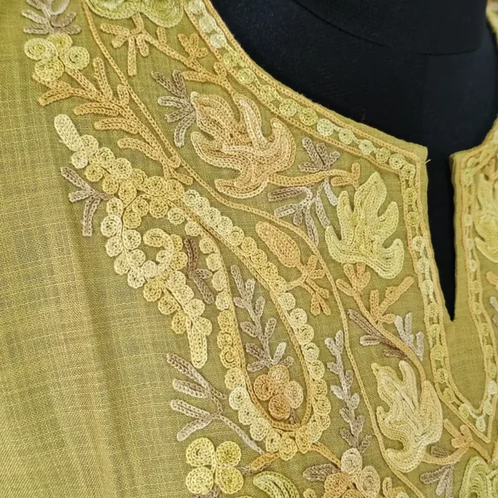 Kashmiri Aari Embroidered Nazneen Long Mehndi Green Cotton Kurti - Image 3