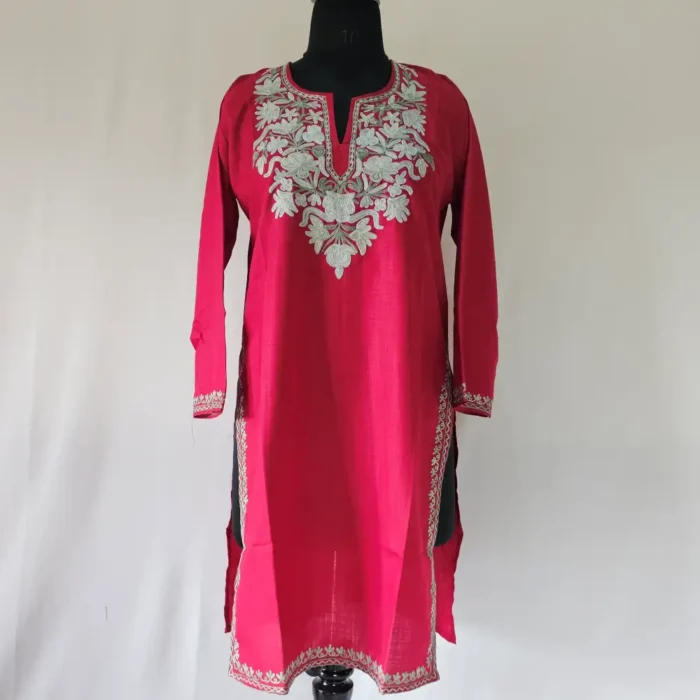 Cotton Aari Embroidered Kashmiri Mehrun Long Red Kurti - Image 2
