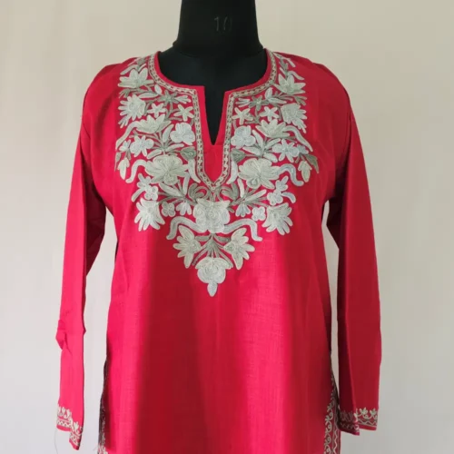 kashmiri ruby cotton aari embroidered red kurti
