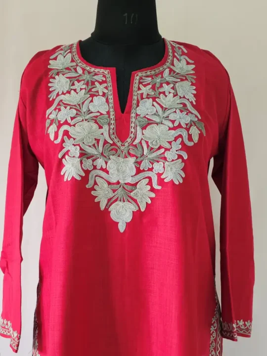 kashmiri ruby cotton aari embroidered red kurti