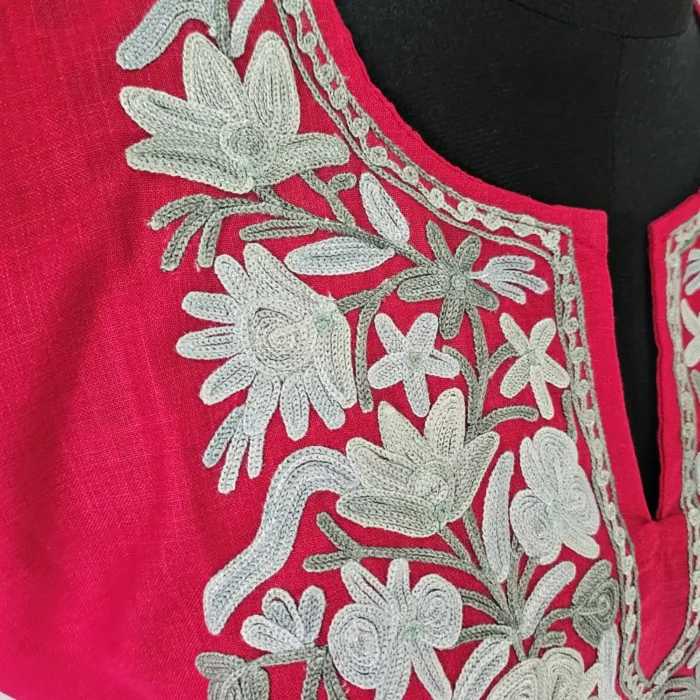 Cotton Aari Embroidered Kashmiri Mehrun Long Red Kurti - Image 3