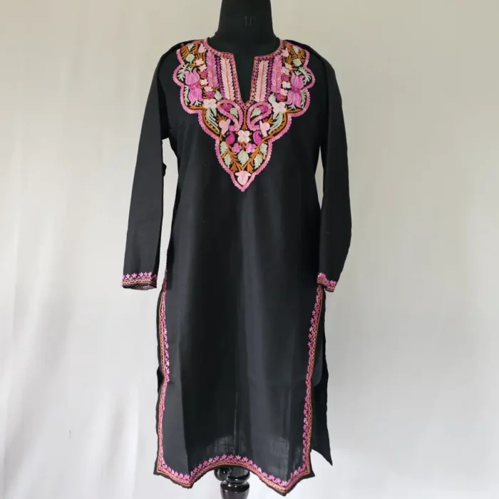 Rayeesa Aari Work Kashmiri Black Long Cotton Kurti - Image 2
