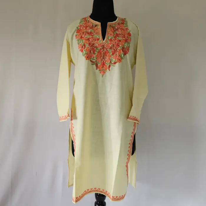 Long Cotton Hafezah Aari Work Kashmiri Yellow Kurti - Image 2