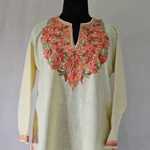 kashmiri ruby cotton aari embroidered pastel yellow kurti