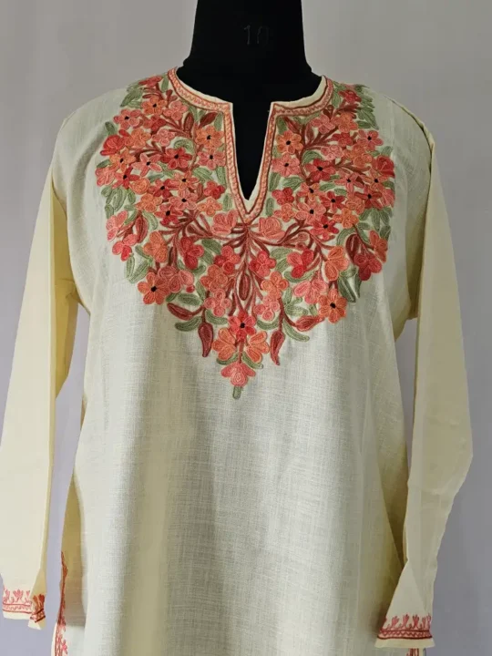 kashmiri ruby cotton aari embroidered pastel yellow kurti
