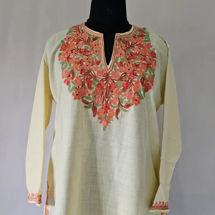 kashmiri ruby cotton aari embroidered pastel yellow kurti