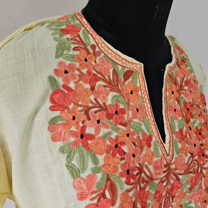 Long Cotton Hafezah Aari Work Kashmiri Yellow Kurti - Image 3