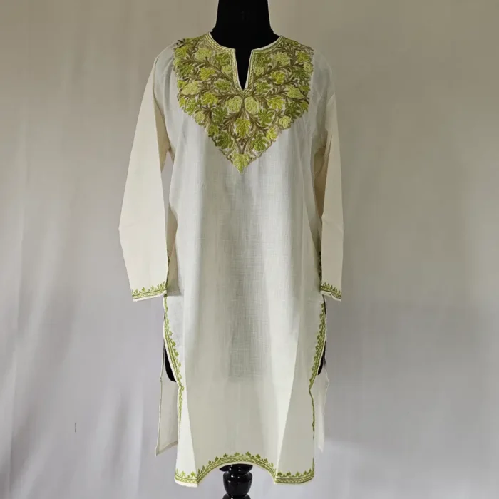 Kashmiri Long Cotton White Mehr Kurti with Aari Embroidery - Image 2
