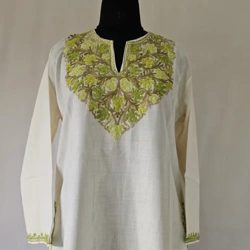 Aari Work Kashmiri white Long Cotton Kurti