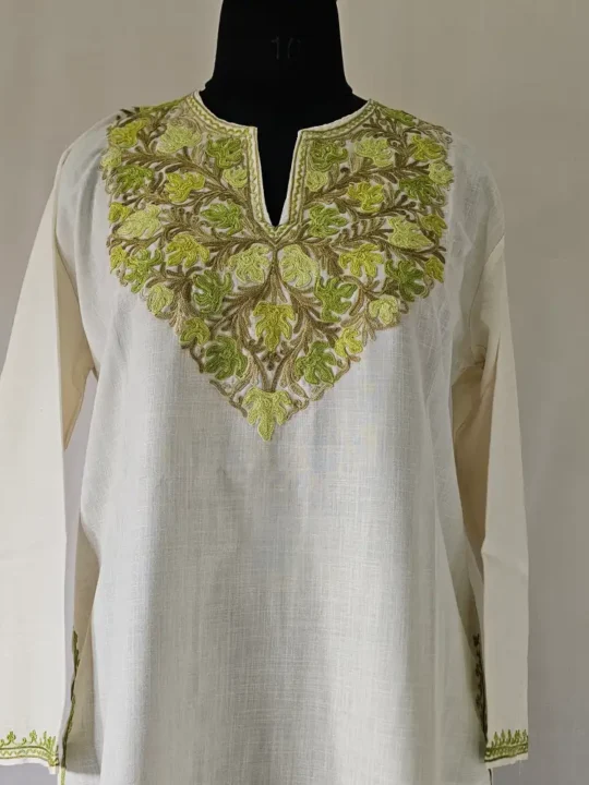 Aari Work Kashmiri white Long Cotton Kurti