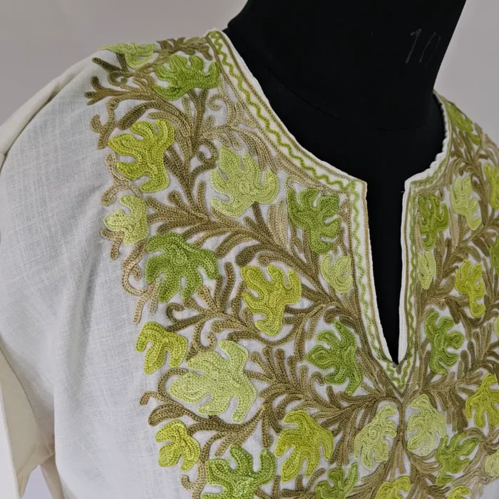 Kashmiri Long Cotton White Mehr Kurti with Aari Embroidery - Image 3
