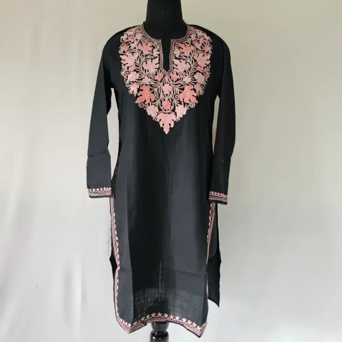 Black Long Cotton Zufaiz Kashmiri Kurti with Aari Work - Image 2