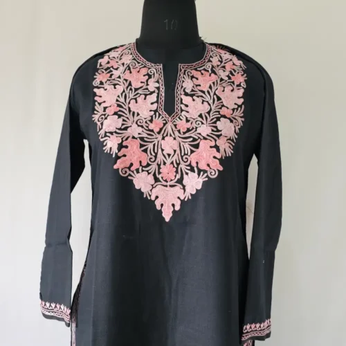 Aari Work Kashmiri black Long Cotton Kurti