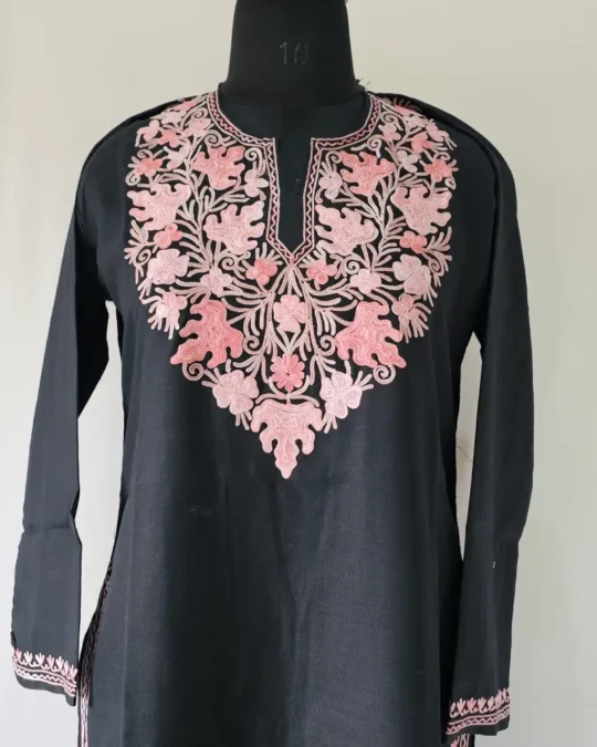 Aari Work Kashmiri black Long Cotton Kurti