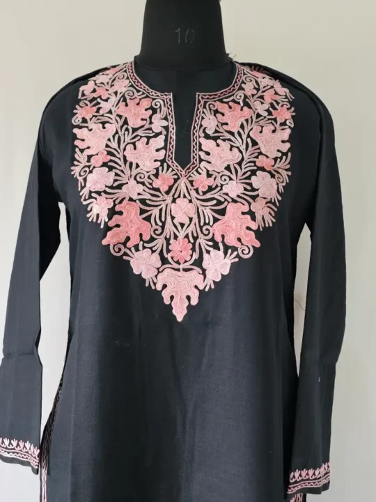 Aari Work Kashmiri black Long Cotton Kurti