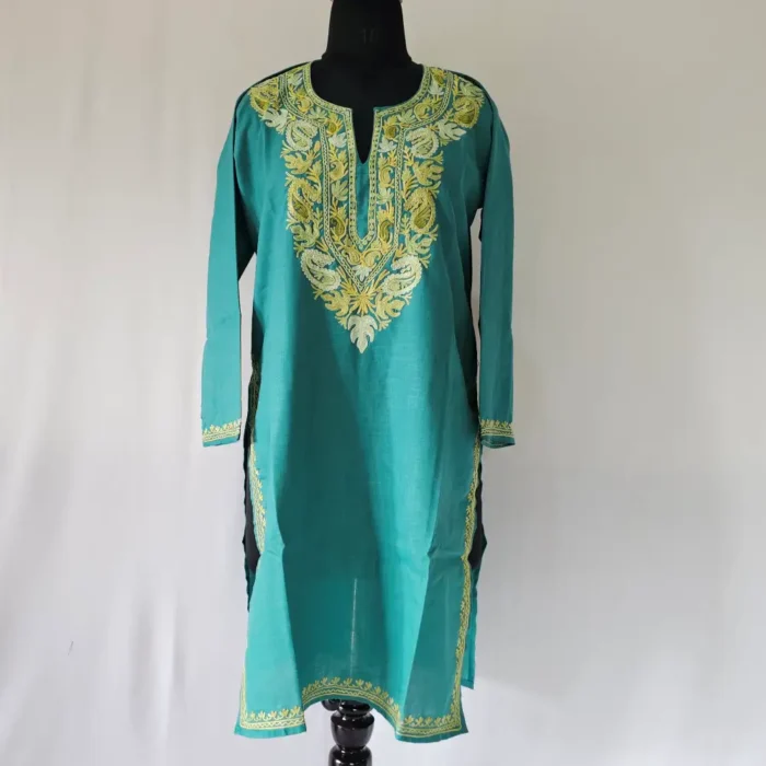 Green Kashmiri Long Aari Embroidery Hayat Kurti in Cotton - Image 2