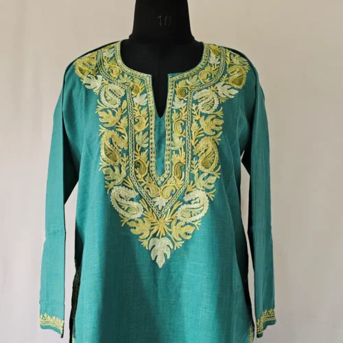 Aari Work Kashmiri green Long Cotton Kurti