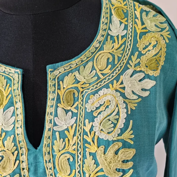 Green Kashmiri Long Aari Embroidery Hayat Kurti in Cotton - Image 3