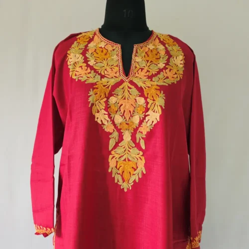Aari Work Kashmiri red Long Cotton Kurti