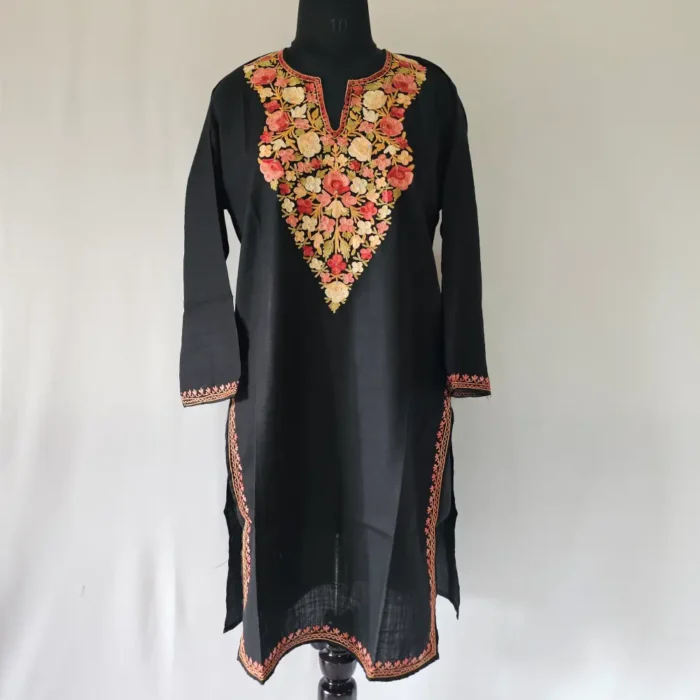 Long Black Shahnaz Cotton Kurti with Kashmiri Aari Embroidery - Image 2