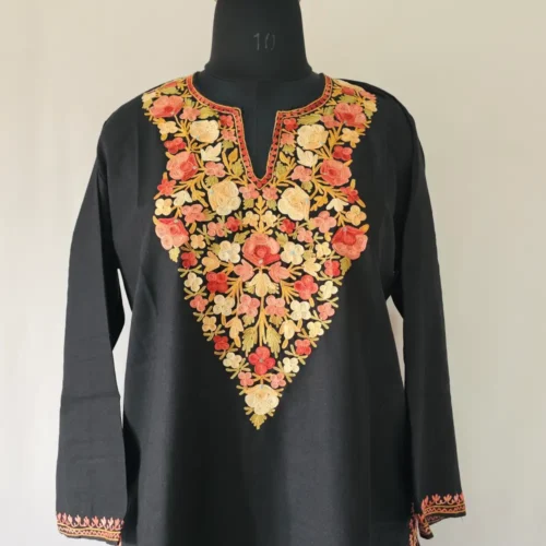 Black Ruby Cotton Kurti with Kashmiri Aari Work Embroidery