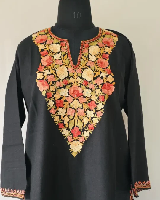 Black Ruby Cotton Kurti with Kashmiri Aari Work Embroidery