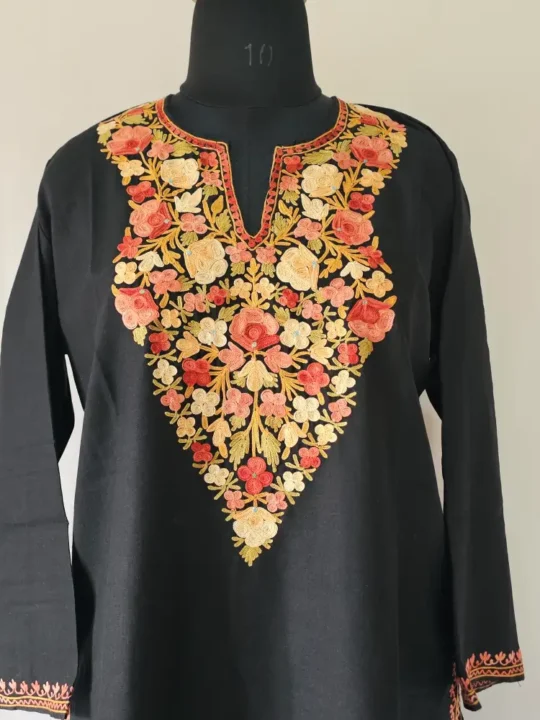 Black Ruby Cotton Kurti with Kashmiri Aari Work Embroidery