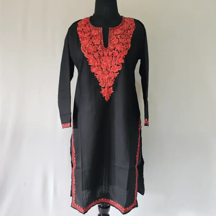 Kashmiri Cotton Reshma Long Black Kurti with Aari Embroidery - Image 2