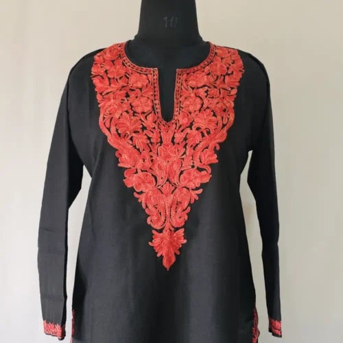Black Ruby Cotton Kurti with Kashmiri red Aari Work Embroidery