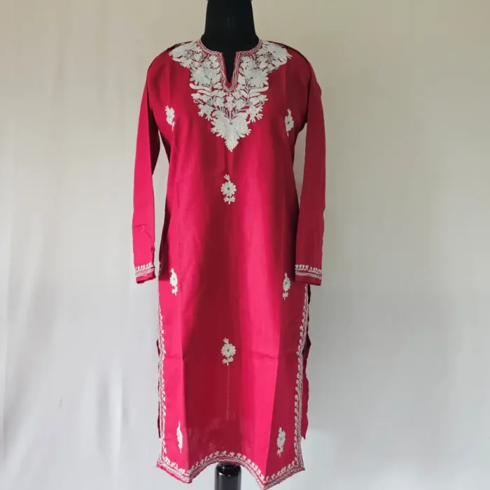 Kashmiri Aari Embroidered Red Long Sehrish Cotton Kurti - Image 2
