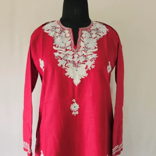 Red Ruby Cotton Kurti with Kashmiri Aari Work Embroidery