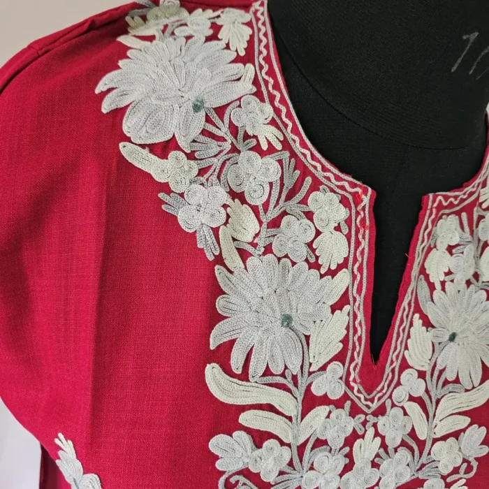 Kashmiri Aari Embroidered Red Long Sehrish Cotton Kurti - Image 3