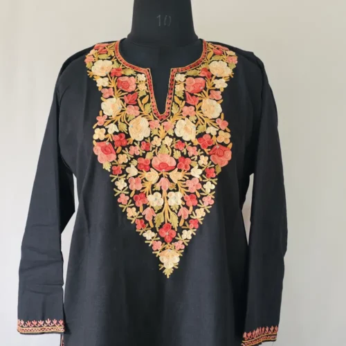 Black Ruby Cotton Kurti with Kashmiri Aari Work Embroidery