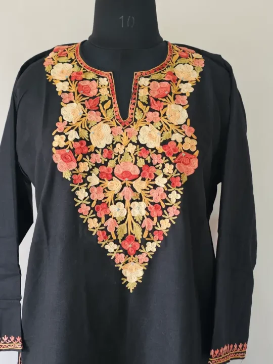 Black Ruby Cotton Kurti with Kashmiri Aari Work Embroidery