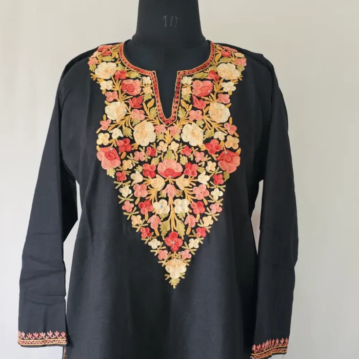 Black Ruby Cotton Kurti with Kashmiri Aari Work Embroidery