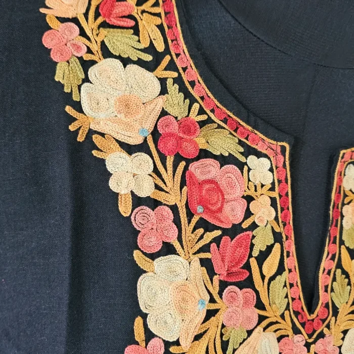 Nayemah Cotton Black Long Kurti with Aari Work from Kashmir - Image 3
