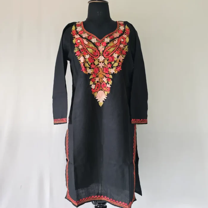 Koshur Haya Long Black Cotton Aari Embroidered Kurti - Image 2